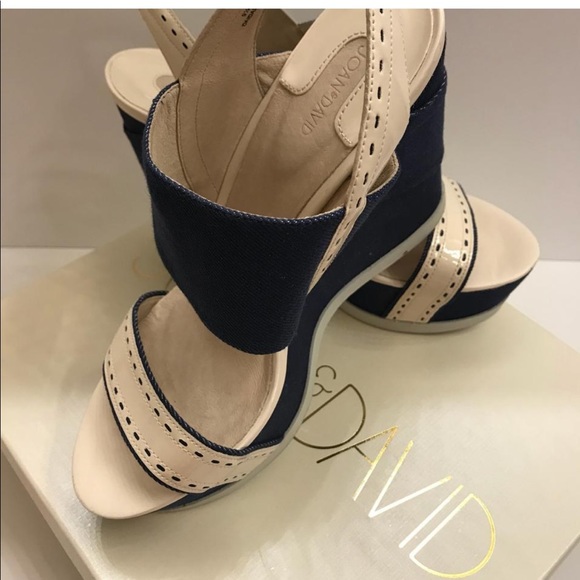 Joan & David- Denim platform wedge blue/tan “5” heels - Picture 3 of 8